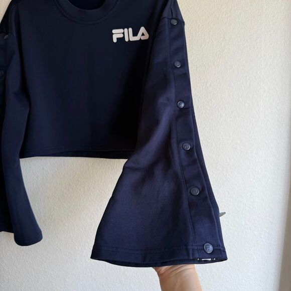FILA Snap Button Tearaway Bell Sleeve Track Crop Top in Navy Blue size Small - Picture 4 of 10